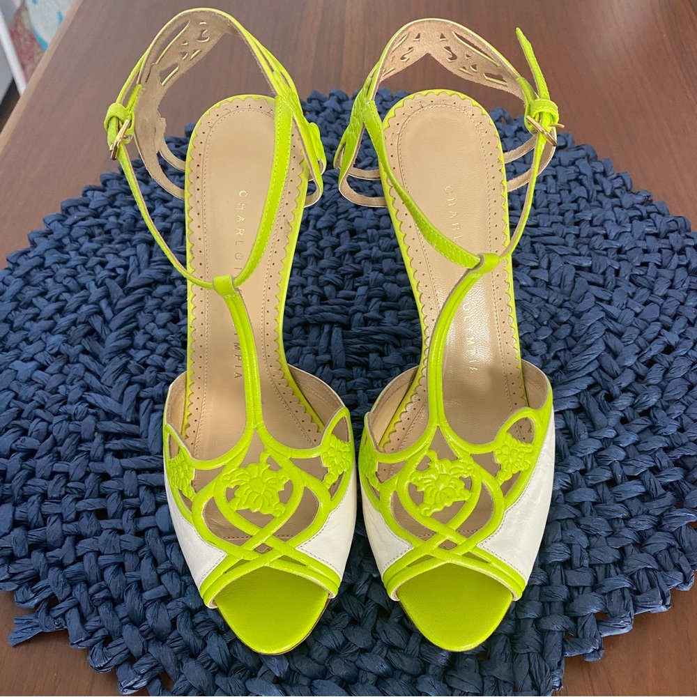 Charlotte Olympia Lime Green White Intricate Floral Detail Leather Heels